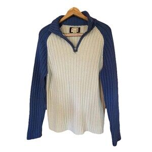 Vintage Fossil Sweater Lambs Wool Mens Large Blue Ribbed 1/4 Zipper Preppy *Note